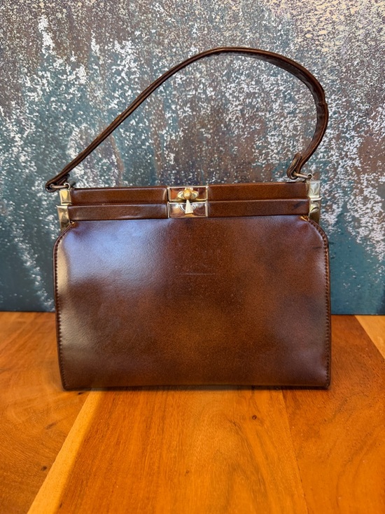 Vintage Mid Century Modern Brown Frame Bag Top Handle Leather Lined USA - Picture 15 of 16